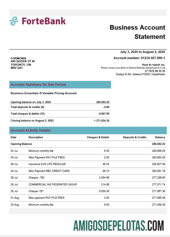 Modelo Word e PDF do extrato da conta da empresa Realista Forte Bank